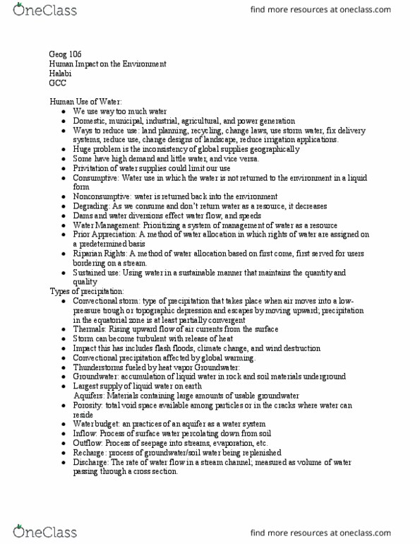 GEOG 106 Lecture Notes - Lecture 1: Aquifer, Porosity, Water Balance thumbnail