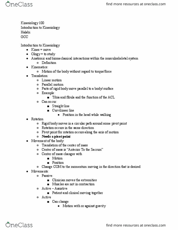 KIN 100 Lecture Notes - Lecture 1: Parallel Motion, Rigid Body, Linear Motion thumbnail