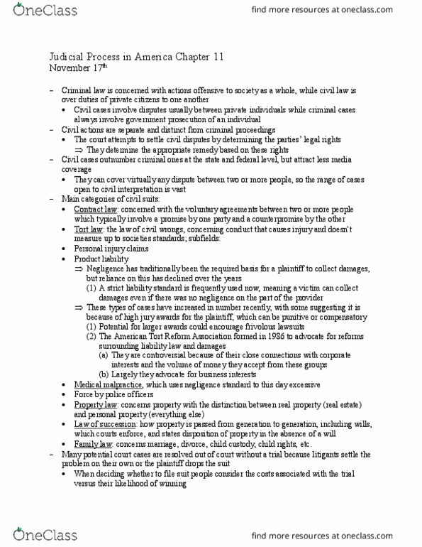 POLS 121 Chapter Notes - Chapter 11: American Tort Reform Association, Alternative Dispute Resolution, Interrogatories thumbnail