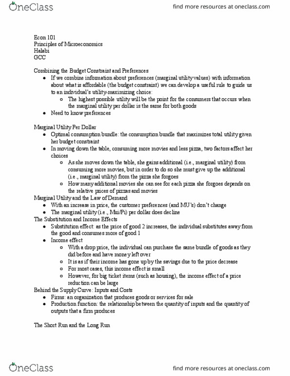 ECON 101 Lecture Notes - Lecture 11: Budget Constraint, Diminishing Returns, Production Function thumbnail