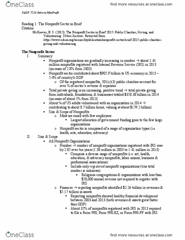 PADP 7210 Chapter Notes - Chapter 1: Human Services, Internal Revenue Code, Urban Institute thumbnail