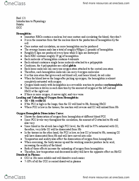 BIOL 121 Lecture Notes - Lecture 23: Arteriole, Reversible Reaction, Globin thumbnail