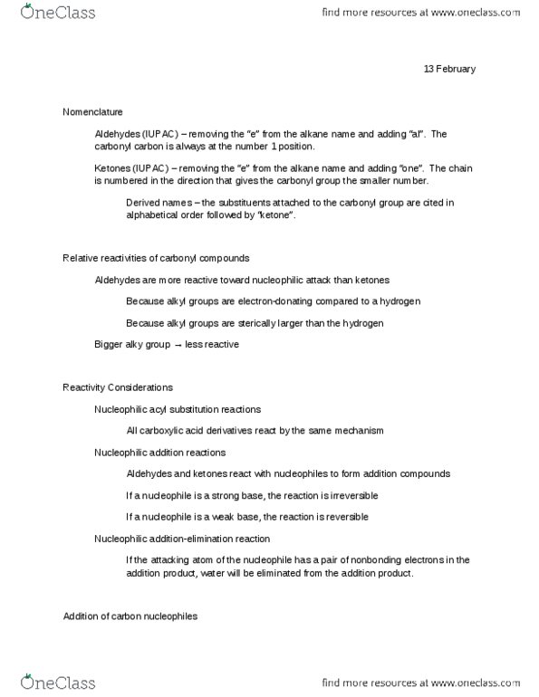 CHEM 343 Lecture Notes - Nucleophilic Addition, Nucleophile, Amine thumbnail