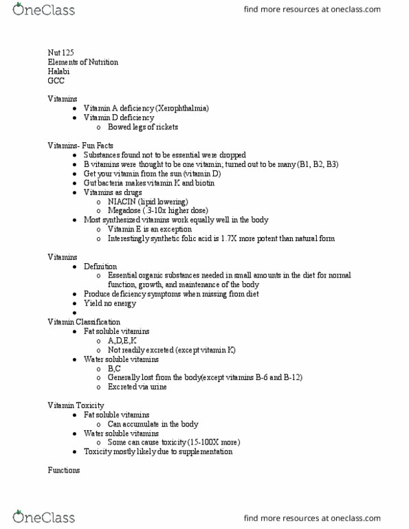 NUTR 125 Lecture Notes - Lecture 23: Vitamin A Deficiency, Vitamin K, Megavitamin Therapy thumbnail