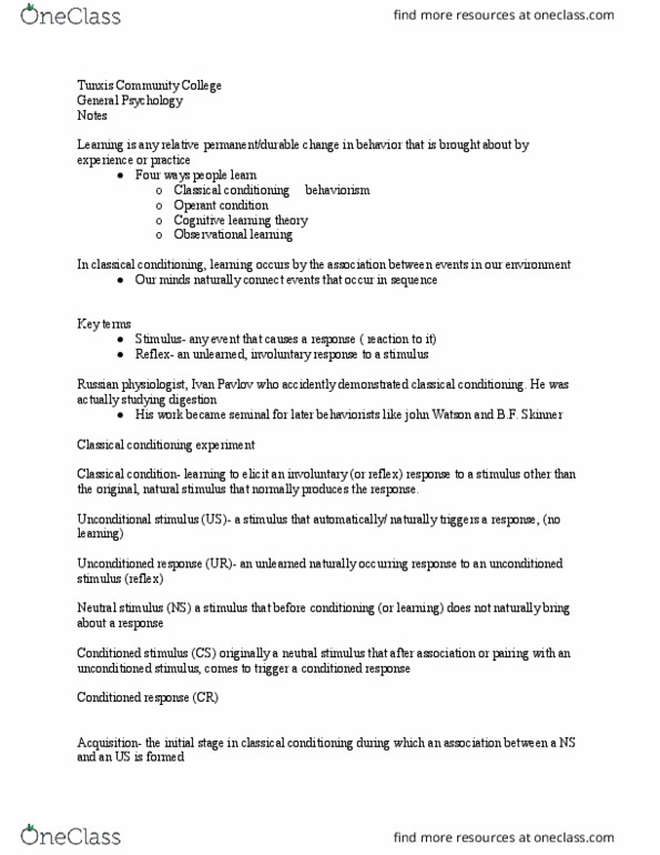 PSY 111 Lecture Notes - Lecture 9: Tunxis Community College, Gestalt Psychology, Behaviorism thumbnail