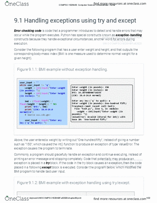Computer Science 1026A/B Lecture Notes - Lecture 9: Init, Type Class, Exception Handling thumbnail