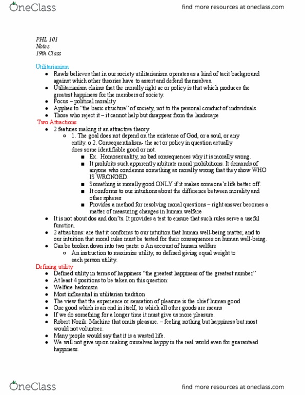 PHL 101 Lecture Notes - Lecture 19: Consequentialism thumbnail