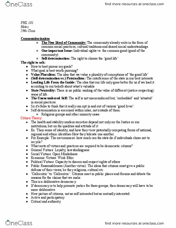 PHL 101 Lecture Notes - Lecture 29: Communitarianism, Individual And Group Rights, Deliberative Democracy thumbnail