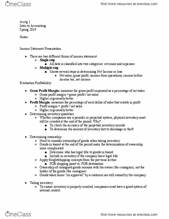 ACCTG 1 Lecture Notes - Lecture 11: Gross Margin, Income Statement, Profit Margin thumbnail