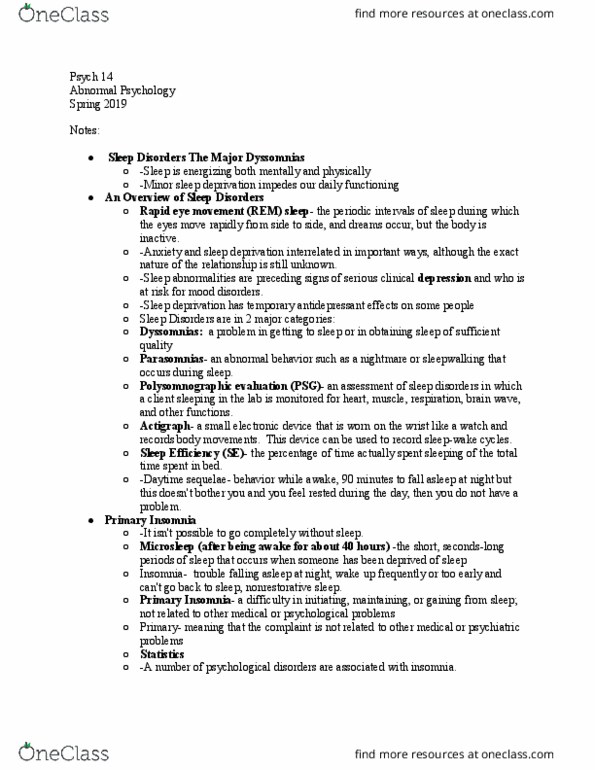 PSYCH 14 Lecture Notes - Lecture 31: Polysomnography, Psych, Hypersomnia thumbnail