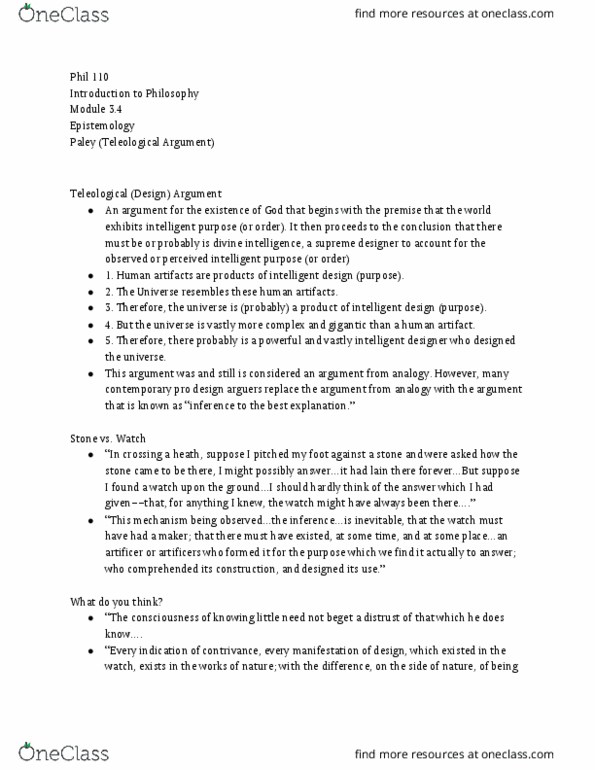 PHIL 110 Lecture Notes - Lecture 4: Teleological Argument, Intelligent Design, Intelligent Designer thumbnail