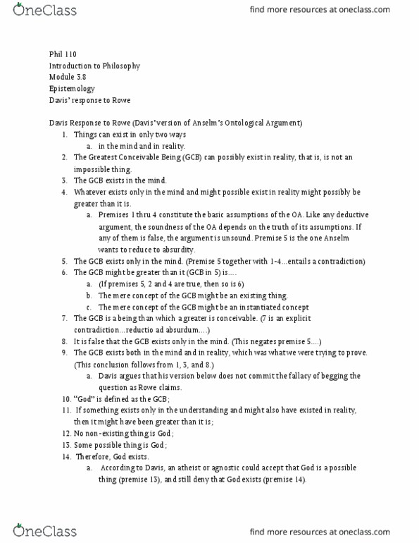 PHIL 110 Lecture Notes - Lecture 8: Agnosticism, Deductive Reasoning, Ontological Argument thumbnail