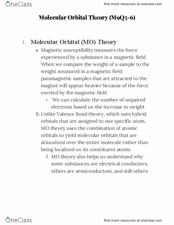 CHEM 103 Chapter Notes - Chapter M9Q5: Molecular Orbital Theory, Valence Bond Theory, Magnetic Susceptibility thumbnail