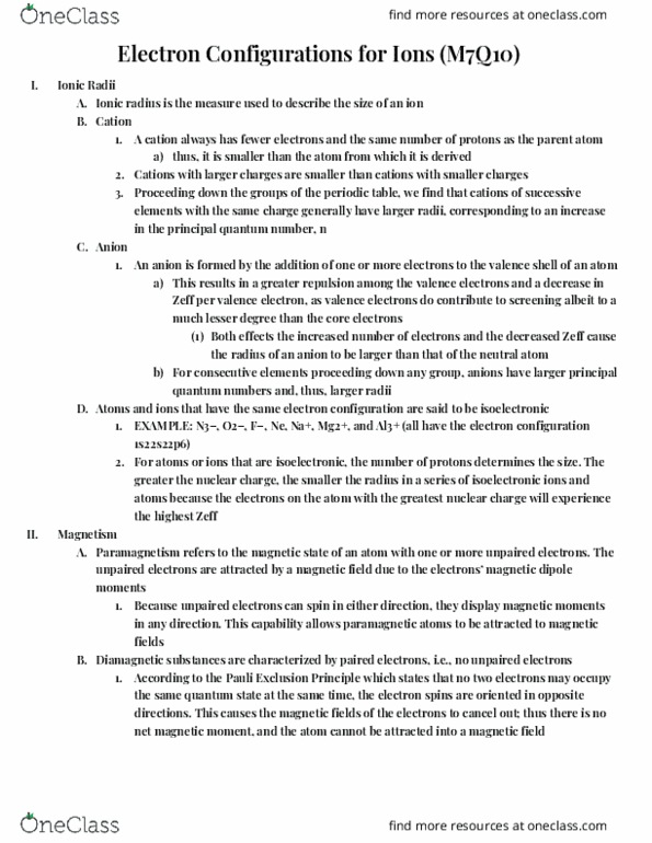 CHEM 103 Chapter Notes - Chapter M7Q10: Pauli Exclusion Principle, Ionic Radius, Diamagnetism thumbnail