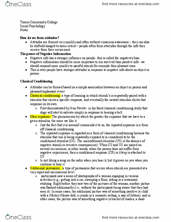 PSY 240 Lecture Notes - Lecture 14: Tunxis Community College, Negativity Bias, Classical Conditioning thumbnail