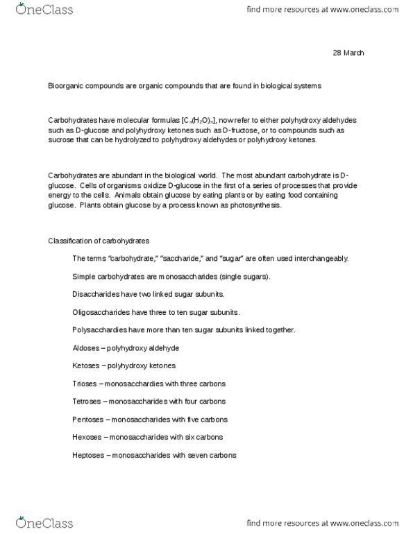 CHEM 343 Lecture Notes - Monosaccharide, Aldehyde, Ketone thumbnail