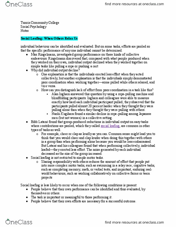 PSY 240 Lecture Notes - Lecture 31: Tunxis Community College, Social Loafing, Relay Race thumbnail