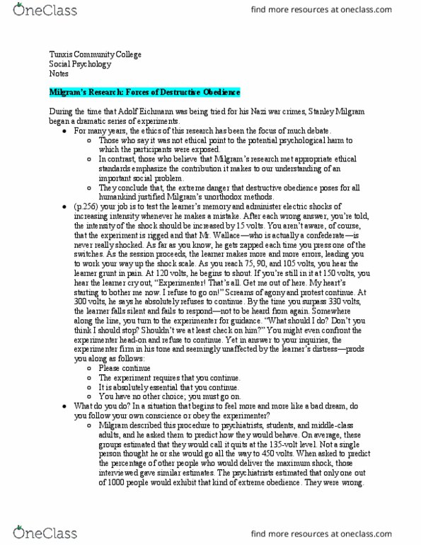 PSY 240 Lecture Notes - Lecture 25: Tunxis Community College, Adolf Eichmann, Undercover Brothers thumbnail