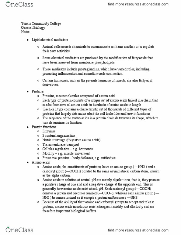 BIO 121 Lecture Notes - Lecture 25: Proline, Tunxis Community College, Lysine thumbnail