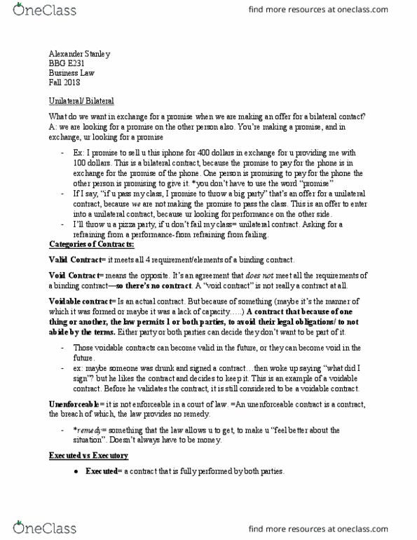 BBG E231 Lecture Notes - Lecture 14: Contract, Executory Contract, A Void thumbnail
