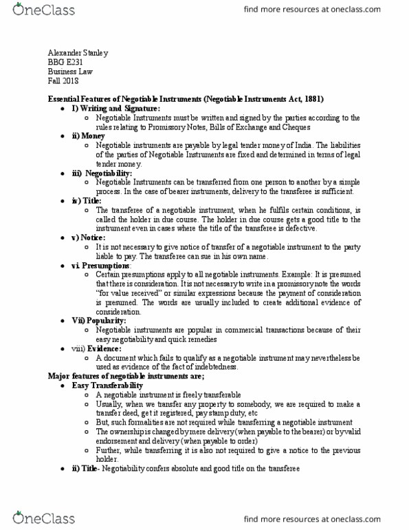 BBG E231 Lecture Notes - Lecture 29: Promissory Note, Negotiable Instrument thumbnail