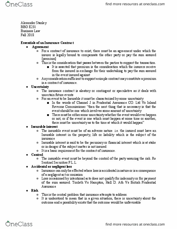 BBG E231 Lecture Notes - Lecture 32: Insurable Interest, Ath, Prudential Plc thumbnail