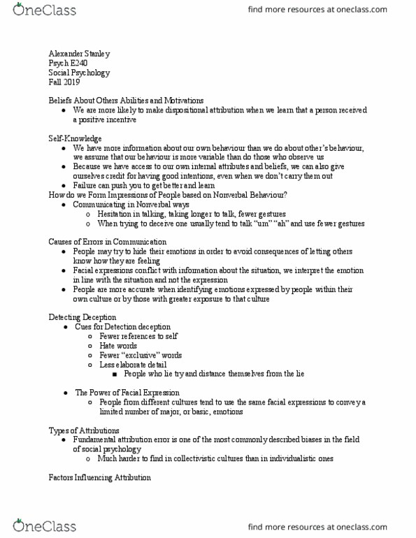 PSY E240 Lecture Notes - Lecture 10: Collectivism, Dispositional Attribution, Display Rules thumbnail