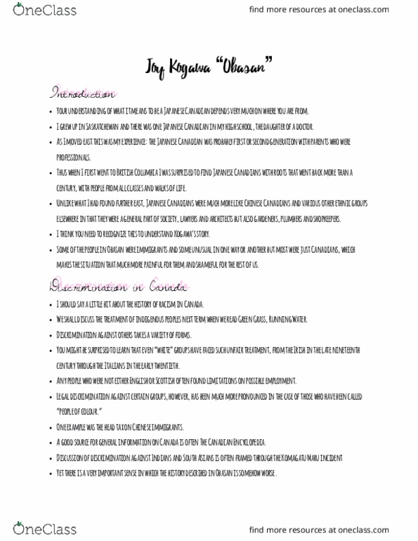 EN 3230 Lecture Notes - Lecture 10: Obasan, Joy Kogawa thumbnail