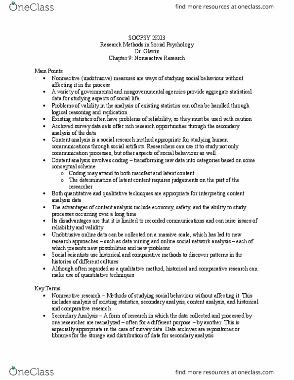 SOCPSY 2K03 Chapter Notes - Chapter 9: Content Analysis, Verstehen, Data Mining thumbnail