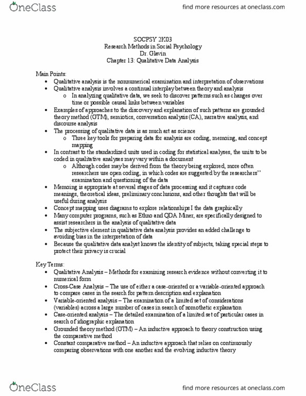 SOCPSY 2K03 Chapter Notes - Chapter 13: Concept Map, Discourse Analysis, Nomothetic thumbnail