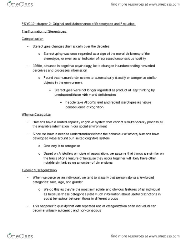 PSYC12H3 Chapter Notes - Chapter 2: Subcategorization, Cognitive Dissonance, Stereotype Threat thumbnail