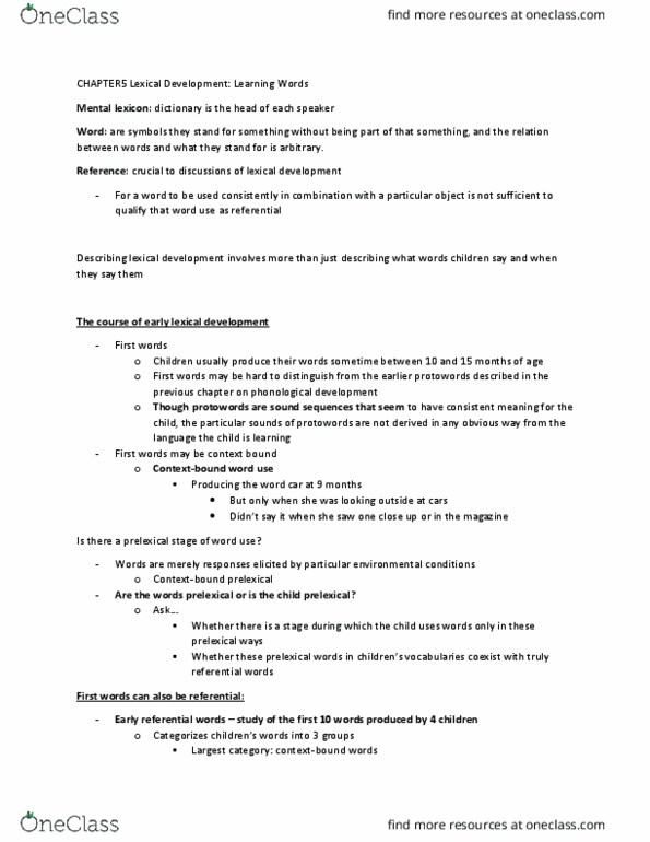 LING 222 Chapter Notes - Chapter 4.1: Longitudinal Study, Vocabulary Development, 18 Months thumbnail