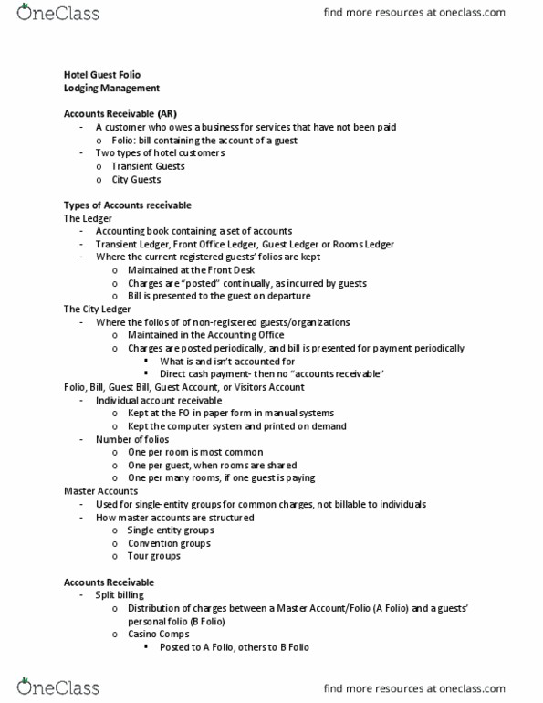 HTM 3060 Lecture Notes - Lecture 6: The Ledger, Settling Accounts, Accounts Receivable thumbnail