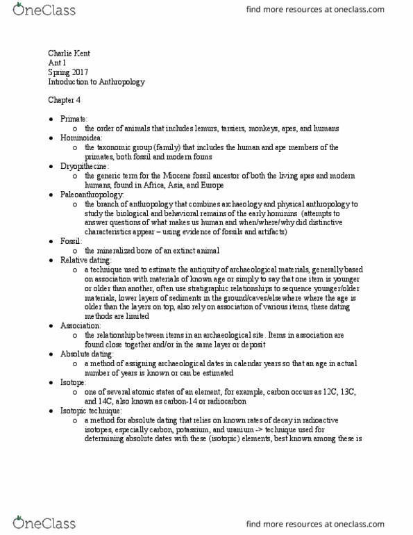 ANT 101 Chapter Notes - Chapter 4: Inert Gas, Radionuclide, Olduvai Gorge thumbnail