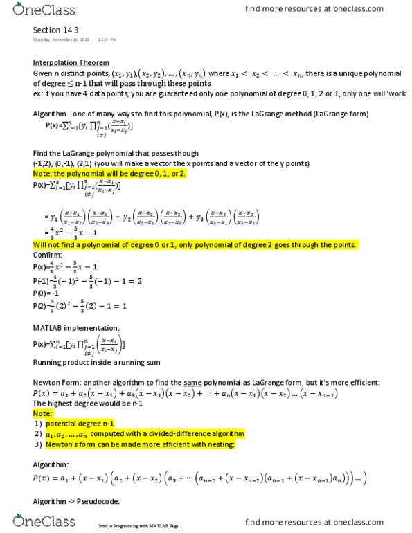 MATH 2370 Lecture Notes - Lecture 14: Lagrange Polynomial, Newton Polynomial, Matlab thumbnail