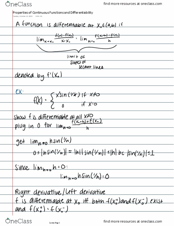 MATH 4301 Lecture 13: Properties of Continuous Functions and Differentiability thumbnail
