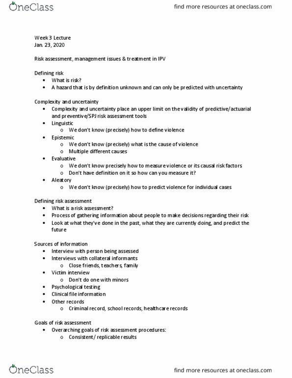 PSYC 391 Lecture Notes - Lecture 3: Aleatoricism, Risk Assessment, Criminal Record thumbnail