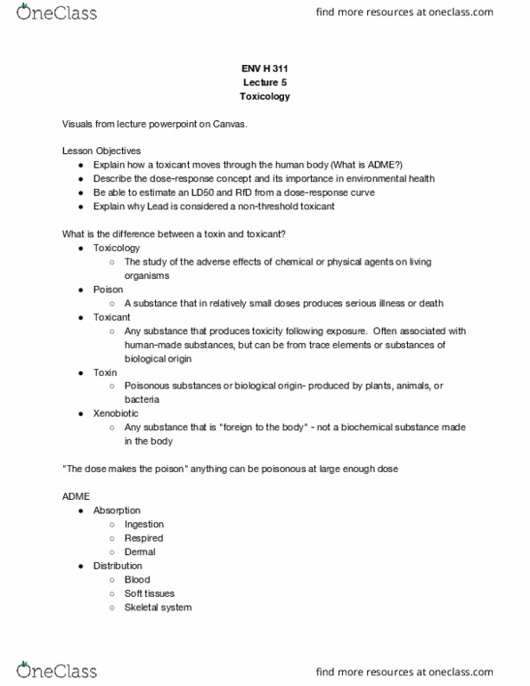 ENV H 311 Lecture Notes - Lecture 5: Toxicant, Median Toxic Dose, Xenobiotic thumbnail
