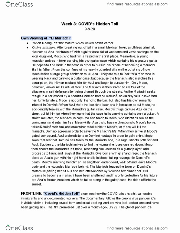 CHICANO 135B Lecture Notes - Lecture 3: Mariachi, El Mariachi, Coronavirus thumbnail