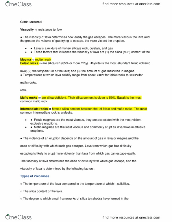 GL101 Lecture Notes - Lecture 6: Effusive Eruption, Viscosity, Andesite thumbnail