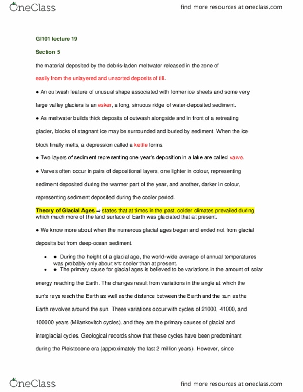 GL101 Lecture Notes - Lecture 19: Milankovitch Cycles, Varve, Esker thumbnail