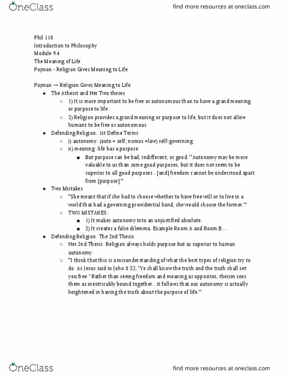 PHIL 110 Lecture Notes - Lecture 4: False Dilemma, Theism thumbnail