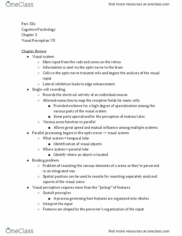 PSYC 336 Lecture Notes - Lecture 3: Parietal Lobe, Temporal Lobe, Binding Problem thumbnail