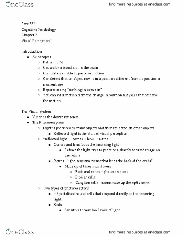 PSYC 336 Lecture Notes - Lecture 3: Akinetopsia, Optic Nerve, Ganglion Cell thumbnail