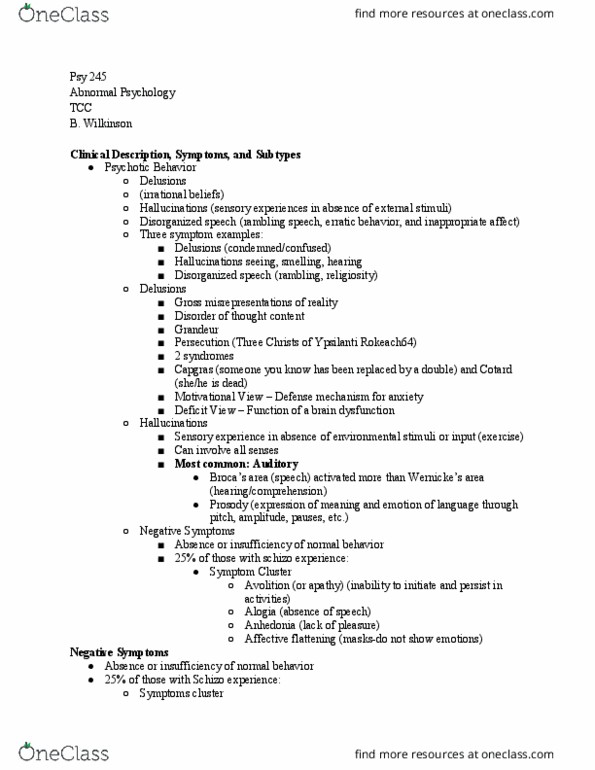 PSY 245 Lecture Notes - Lecture 12: Schizoaffective Disorder, Psy, Schizophreniform Disorder thumbnail