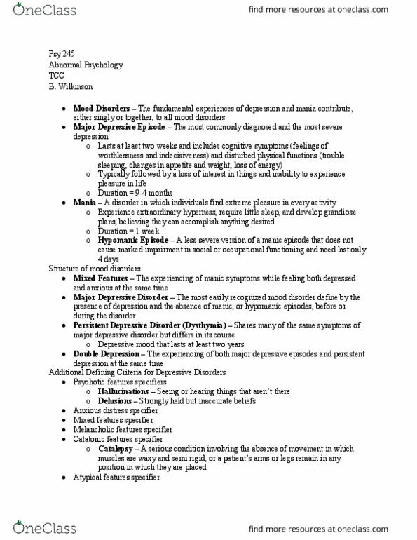 PSY 245 Lecture Notes - Lecture 27: Bipolar Disorder, Learned Helplessness, Major Depressive Episode thumbnail