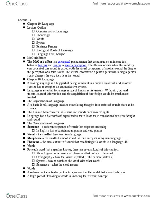 PS260 Lecture Notes - Lecture 14: Mcgurk Effect, Cultural Universal, Speech Perception thumbnail