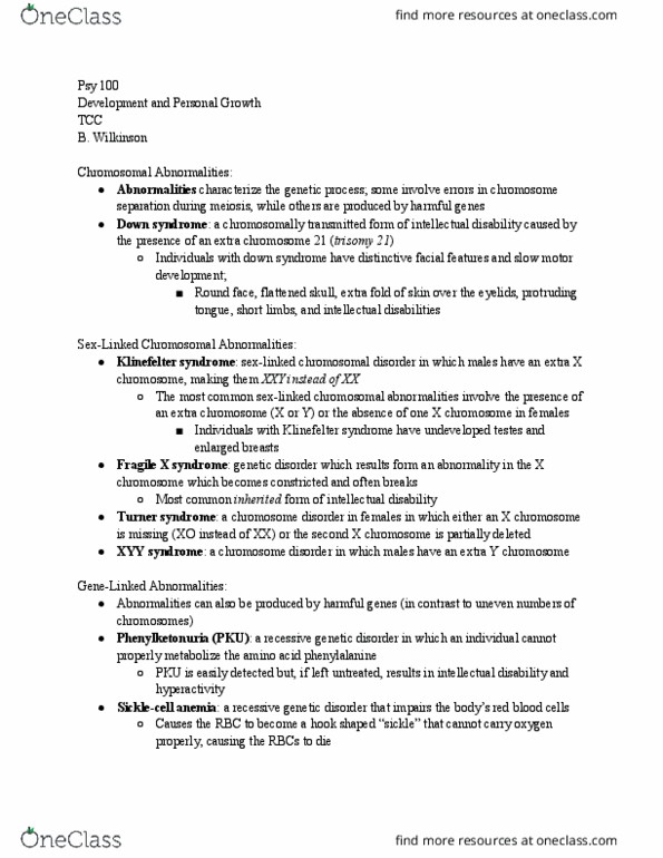 PSY 100 Lecture Notes - Lecture 3: Intellectual Disability, Y Chromosome, Genetic Disorder thumbnail