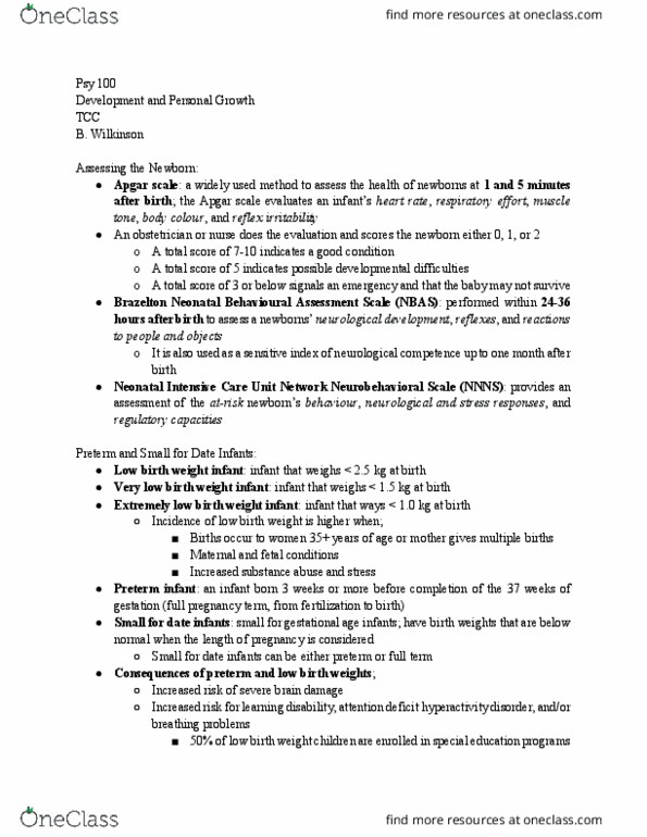 PSY 100 Lecture Notes - Lecture 13: Neonatal Intensive Care Unit, Low Birth Weight, Apgar Score thumbnail