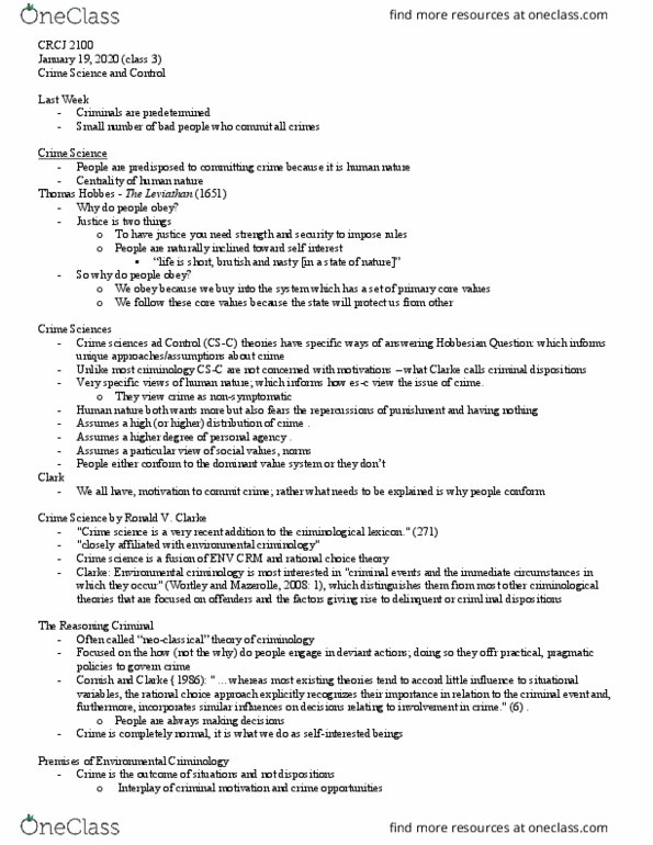 CRCJ 3001 Lecture Notes - Human Nature, Centrality, Albert Reiss thumbnail